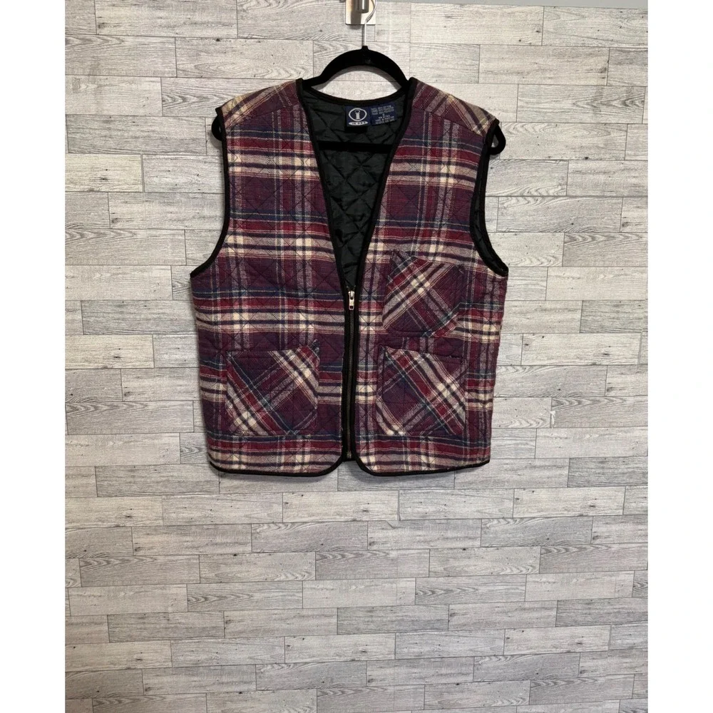 I Am Womens‎ Vintage Quilted Plaid Vest Burgundy Navy Cotton Full Zip Sz Small